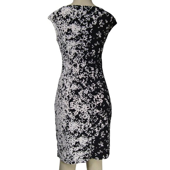 LAUREN RALPH LAUREN Knit ABSTRACT Ruched Black White Career Sheath Mod Dress 4 - Picture 6 of 11
